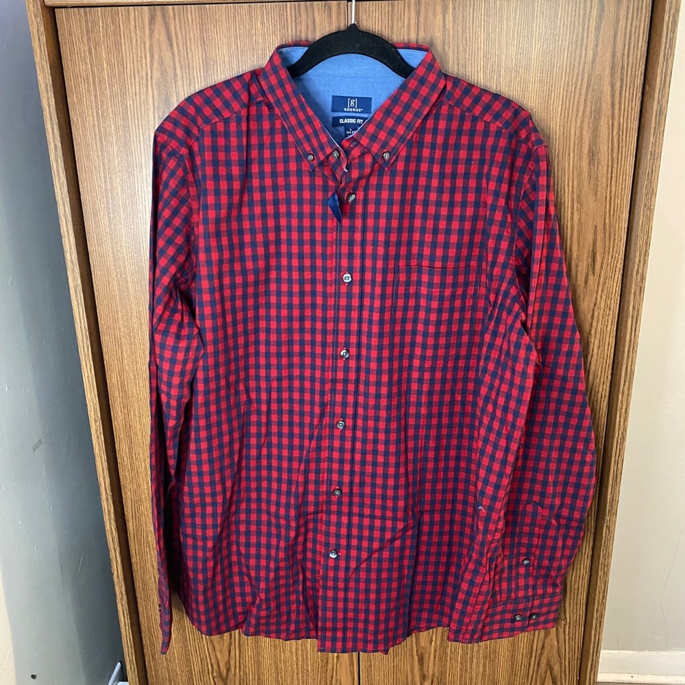 George Button Down Shirt Men Large Red Navy Gingham ClassicFit Wrinkle Resistant